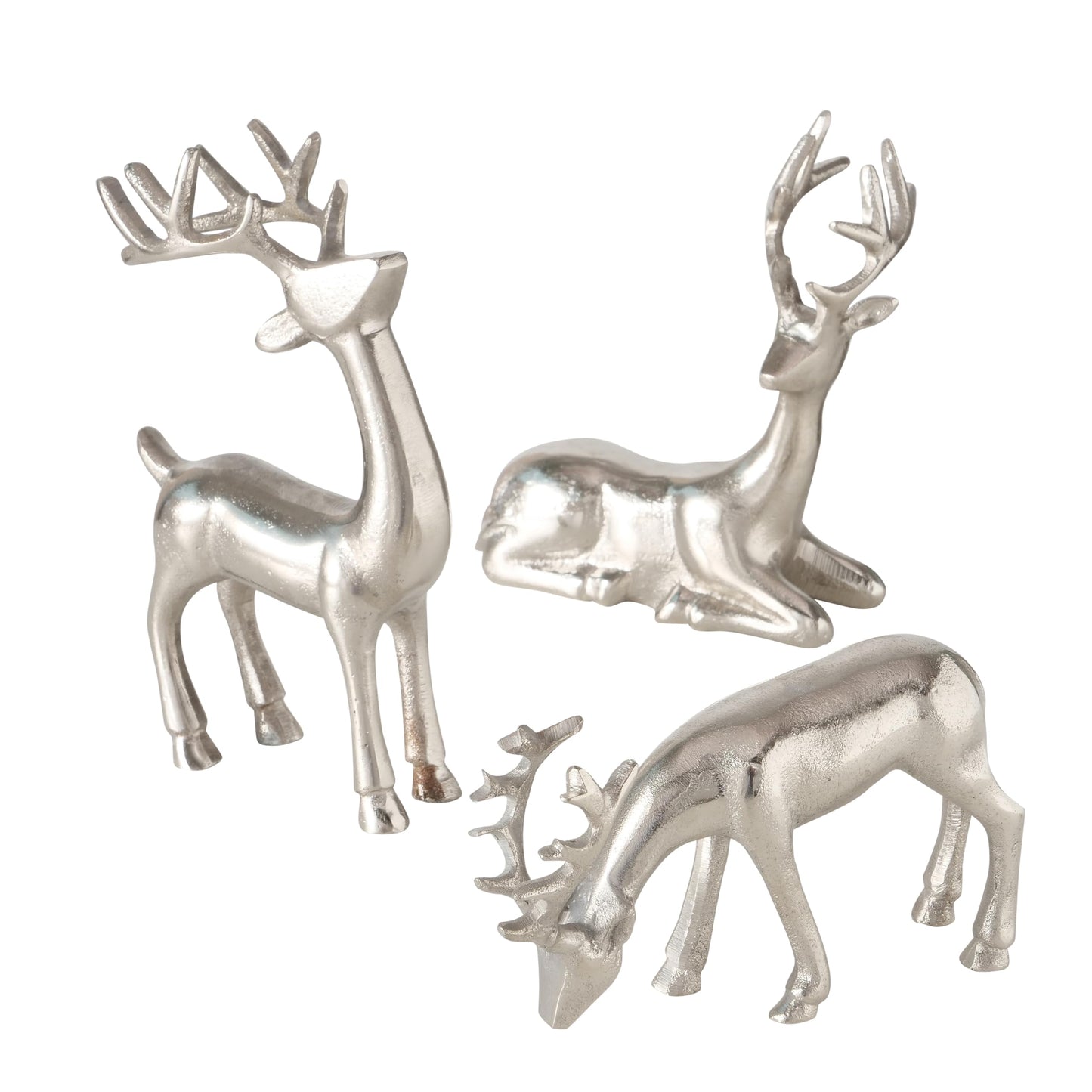 WHW Whole House Worlds Rustic Reindeer Figurines, Set of 3, Handmade, Cast Silver Aluminum, 8.75 Inches