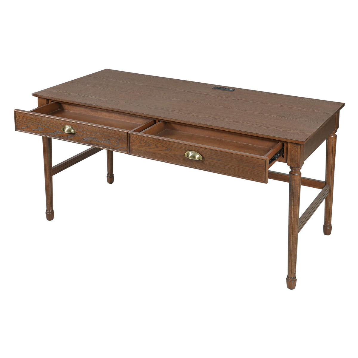 Merax 60" Home Office Desk with Power Outlets & USB, Writing Desk with 2 Drawers & Solid Rubber Wood Legs, Modern Workstation for Living Room, Bedroom & Study, Walnut