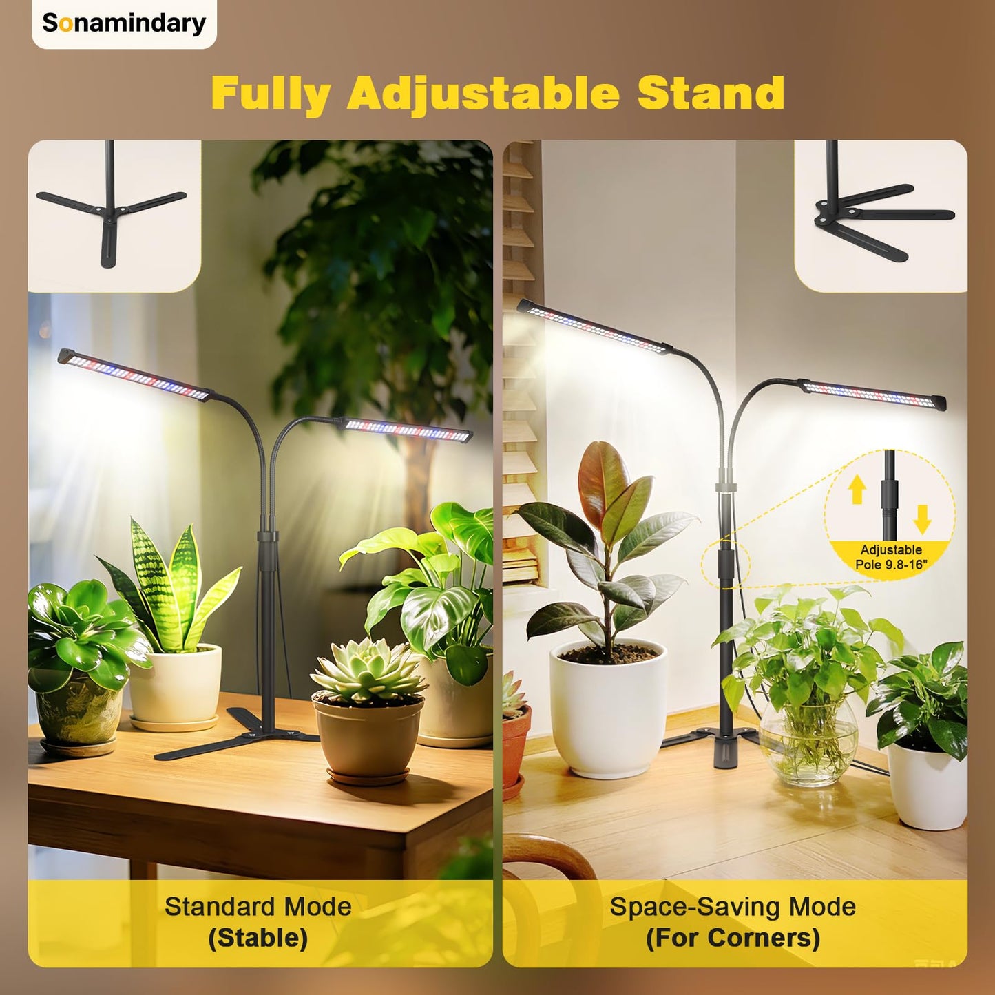 Sonamindary Grow Lights for Indoor Plants, Full Spectrum LED Plant Light with 9.8-35 in Tripod Stand, 120 LEDs 5700K, 4/8/12H Auto Timer, 5 Brightness Levels