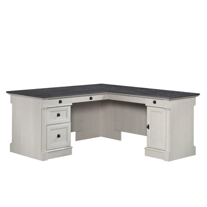 Sauder Palladia L Shaped Desk with Drawers, Office Desk with File Cabinet Storage, Cable Management, Keyboard Tray, in Glacier Oak Finish