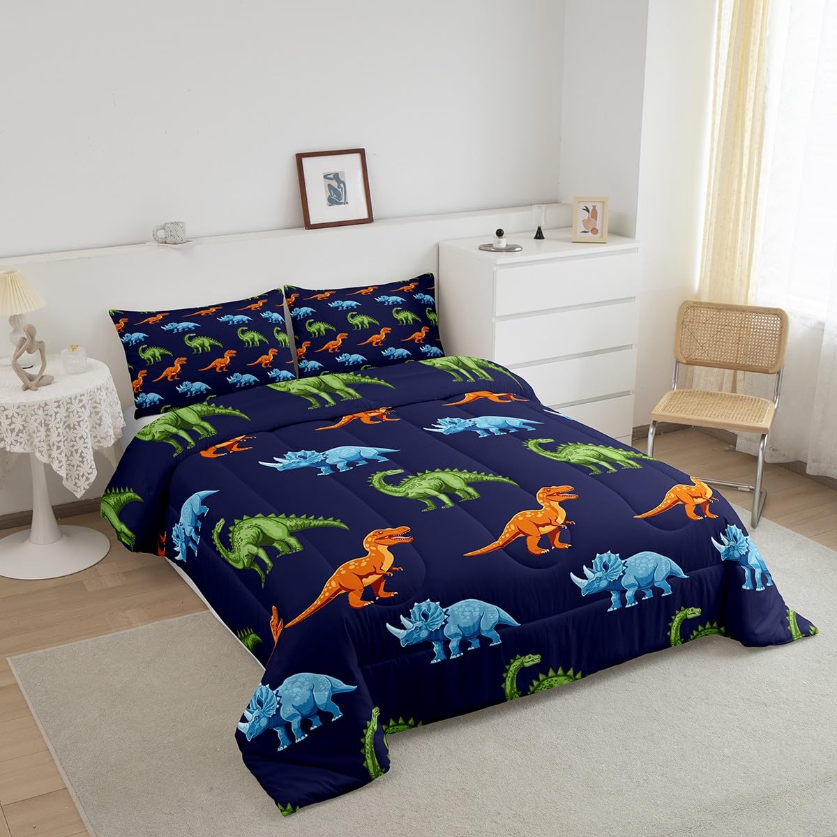 Feelyou Cartoon Dinosaur Bedding Set Twin, Dark Blue Dinosaur Comforter Set for Kids Dinosaurs Print Comforter Boys Girls Jungle Dino Duvet Set Breathable Bedroom Decor with 1 Pillow Case