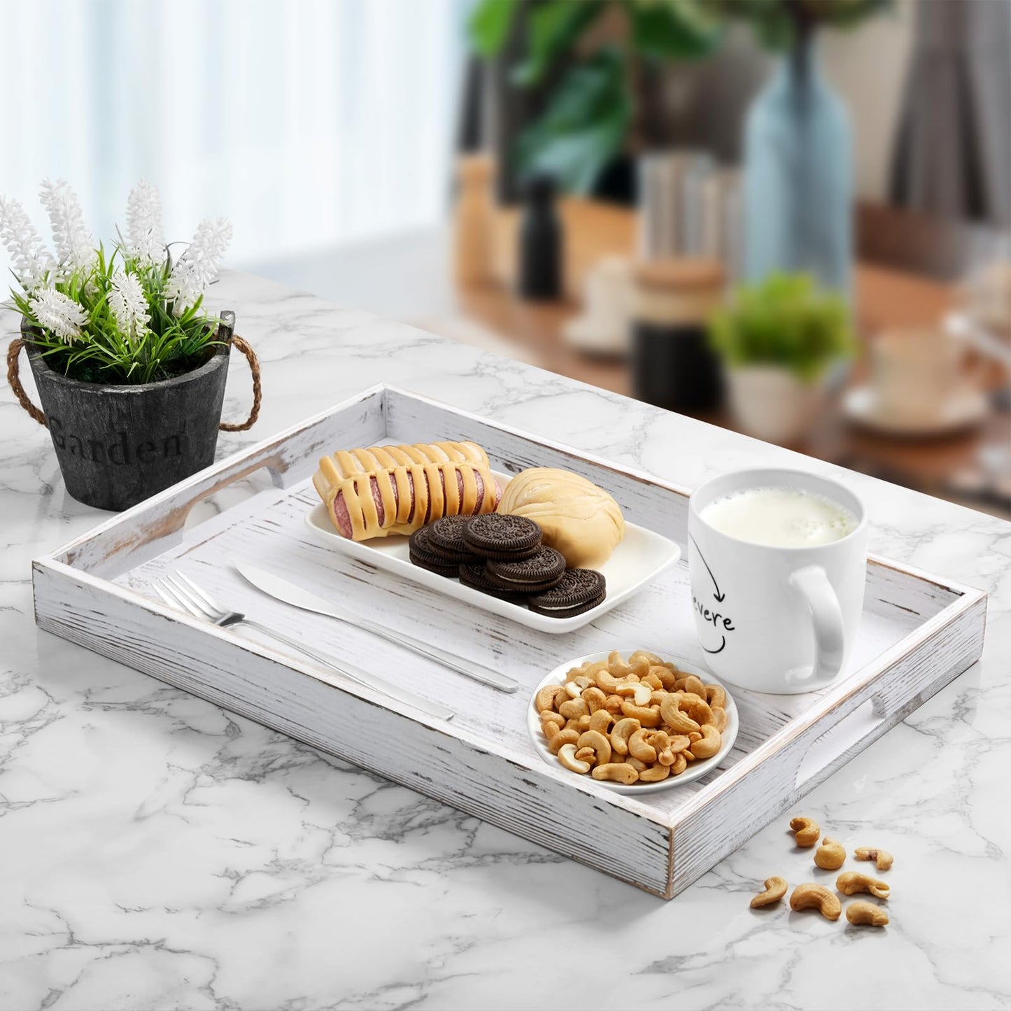 17 Inch Rustic White Serving Tray with Handles - Large Wooden Tray for Ottoman, Breakfast in Bed, Dinner, Coffee Table - Decorative Rectangular Tray for Living Room Bedroom Entryway and Kitchen Decor