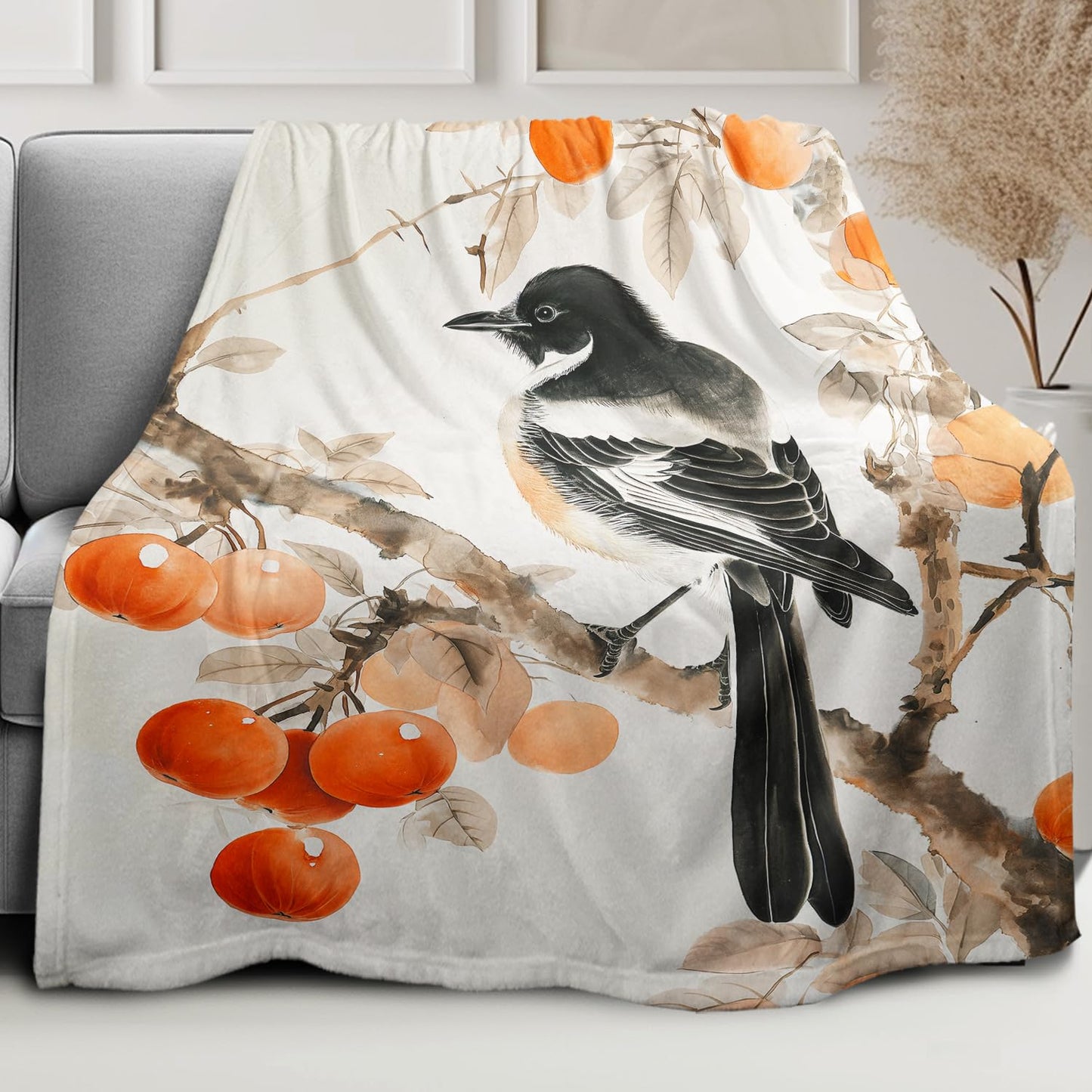 Persimmons & Magpie Blanket, Traditional Art Home Decor, Super Soft Fleece Throw Blankets for Couch Sofa Bed, 60" x 80"