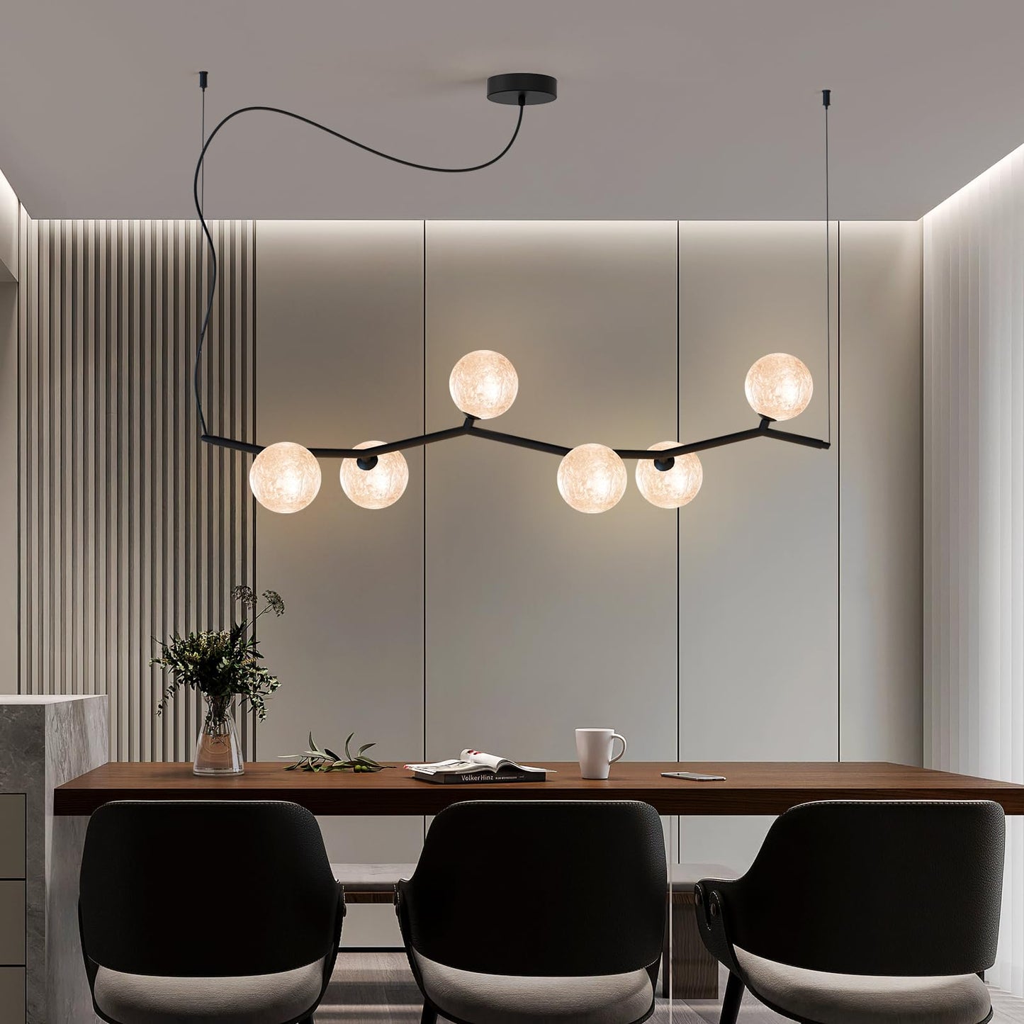 ziidoo Modern Branch Glass Chandelier，6-Lights Pendant Light Ice Crystal Pattern Lampshade Ceiling Artistic Tree Shape Hanging Light Fixtures Over Table for Dining Island Living Room Bar Kitchen