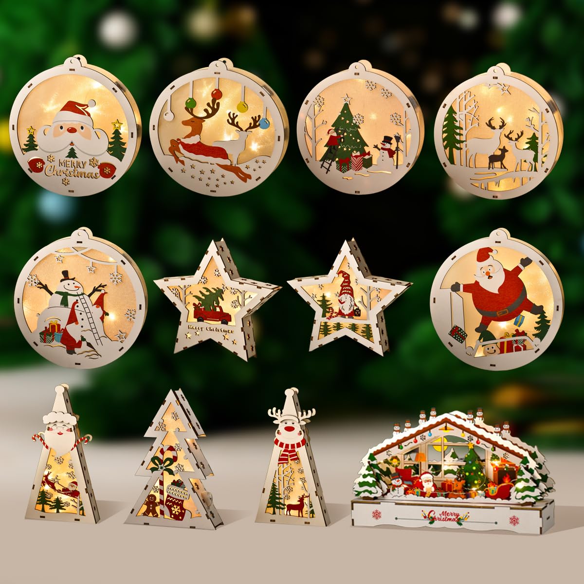 Wooden Christmas Ornaments DIY 3D Puzzle Kit, Pre-Printed Christmas Decoration Craft Kits, Hanging & Tabletop Xmas Creative Craft Activity (Star, Xmas Tree, House & Round Shapes)
