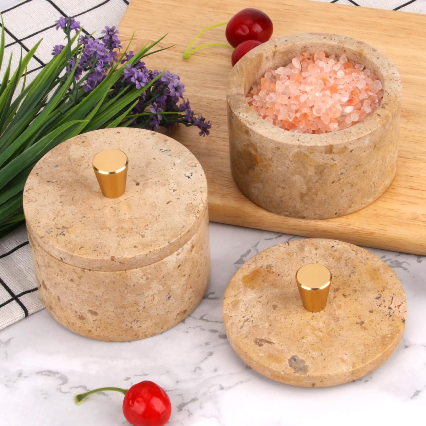 Stonemanus Marble Salt Cellar with Lid, 4 inch Natural Stone Salt Pepper Box, Alloy Lid for Kitchen Countertop Storage (Mud yellow, 4 * 3.5)