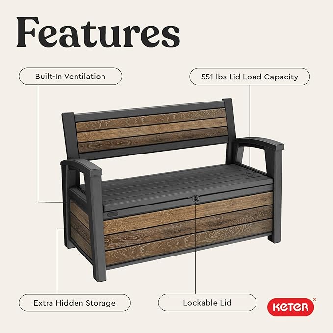 Keter Signature 60 Gallon Storage Bench Deck Box for Patio Furniture, Front Porch Decor and Outdoor Seating – Perfect to Store Garden Tools, Walnut