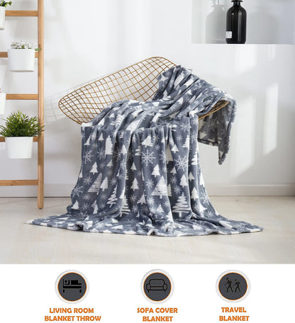 Elegant Comfort Luxury Velvet Super Soft Christmas Prints Fleece Blanket-Holiday Theme Home Décor Fuzzy Warm and Cozy Throws for Winter Bedding, Couch and Gift, 50 x 60 inch, Christmas Tree