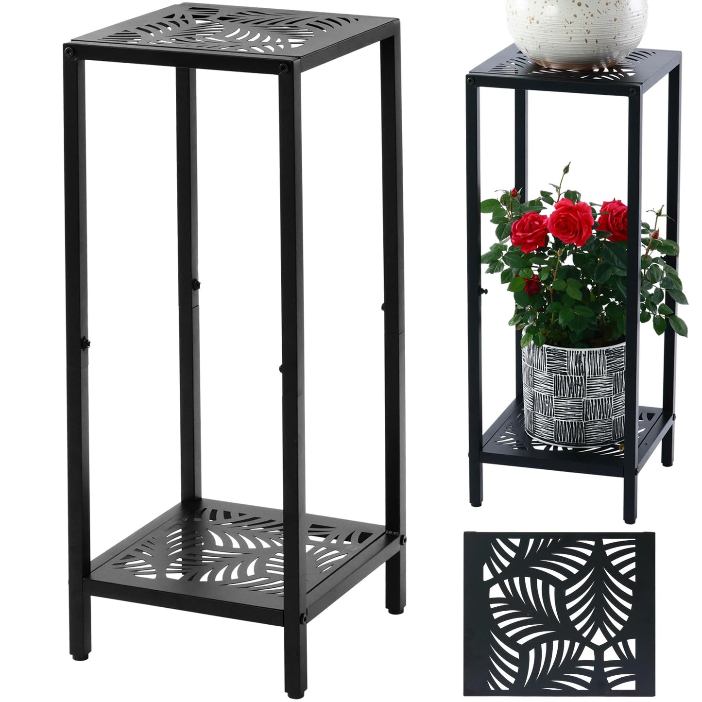 Party Zealot 2-Tier Tall Metal Square Plant Stand 31" Heavy-Duty Modern Flower Pot Rack for Indoor Living Room, Corner Side Table for Outdoor Patio, Garden, and Balcony Black, Leaf
