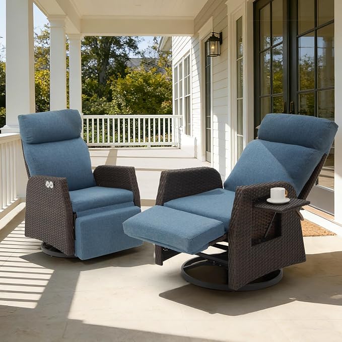 Adjustable Outdoor Recliner Chair with Independent Backrest & Footrest, Patio Swivel Recliner Chair, Wicker Reclining Patio Chair w/Flip-Up Table, 155° Lay Flat Chaise Lounge, Blue, 2PCS