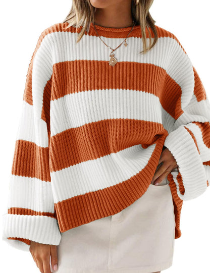 ZESICA Women's 2025 Fall Long Sleeve Oversized Striped Color Block Comfy Loose Crew Neck Knitted Pullover Sweater