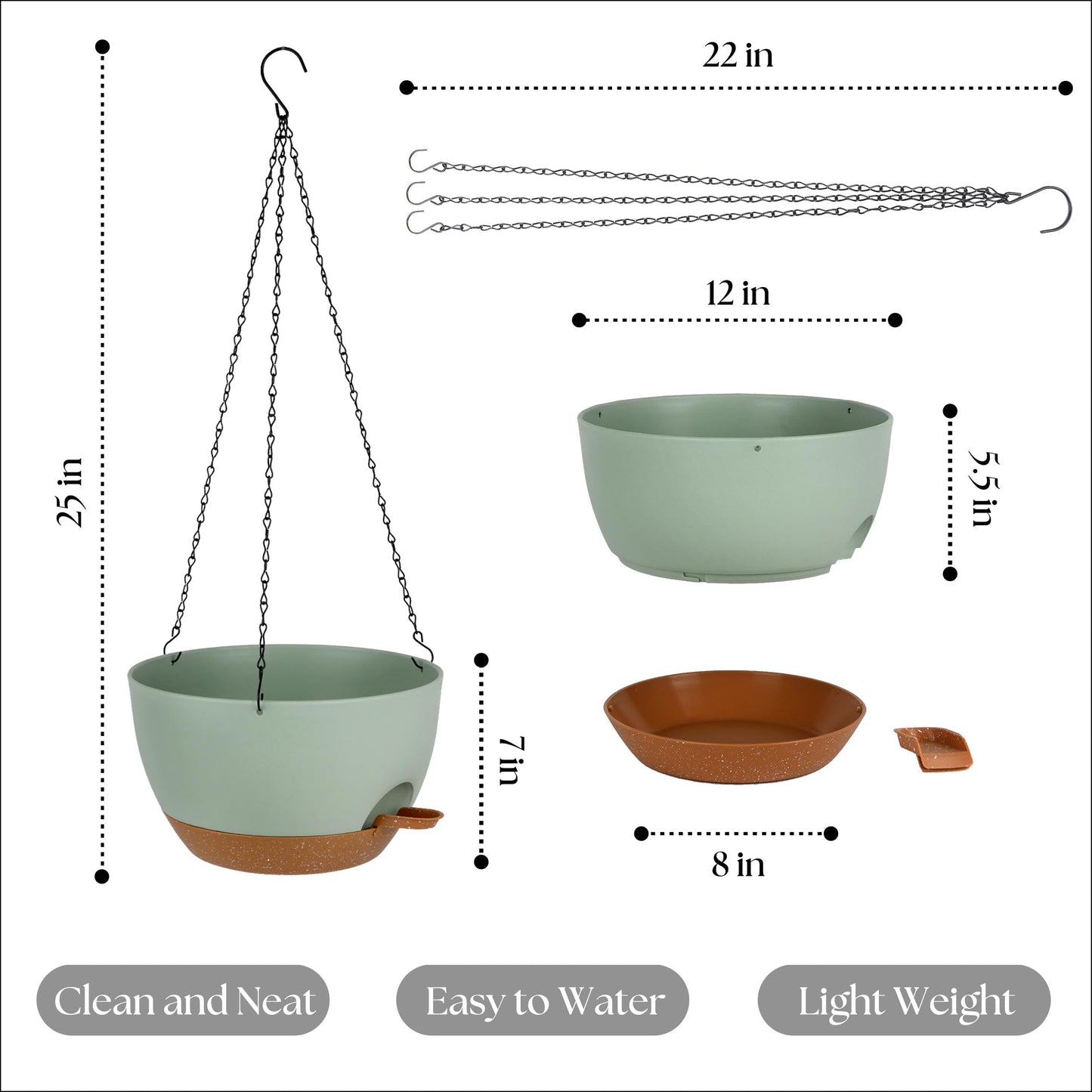 TYMENSH Hanging Plant Pots 12 inch Set of 2, Self Watering Hanging Planters with Drainage Holes, Indoor Outdoor Plastic Flower Pots with Hanging Chains for Balcony, Porch, Garden, Home Décor, Green