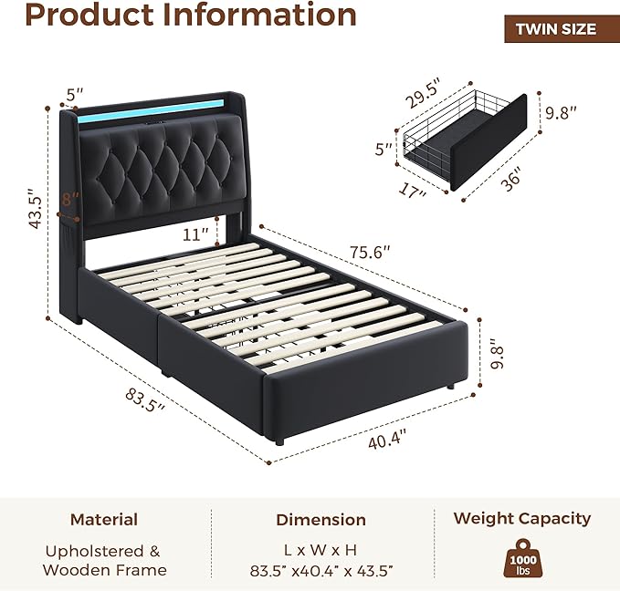 Twin LED Velvet Bed Frame with 2 Storage Drawers&Hidden Headboard, Upholstered