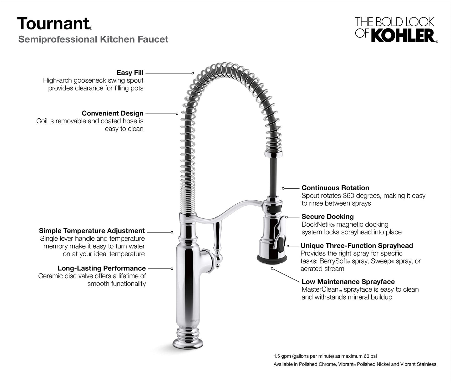 KOHLER Tournant Semi-Professional Pull-Down Kitchen Sink Faucet, Commercial Kitchen Faucet with Pull Down Sprayer, 77515-CP, Polished Chrome