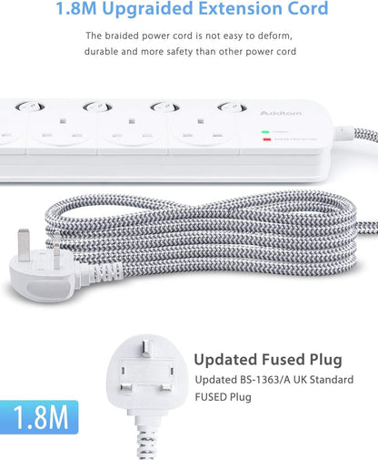 1.8M Extension Lead, 4 Way Socket Outlets Power Strips with 4 USB (2 Type C & 2 USB A), 1050J Surge Protection Multi Plug Extension with Braided Extension Cable for Home, Office, Individually Switched