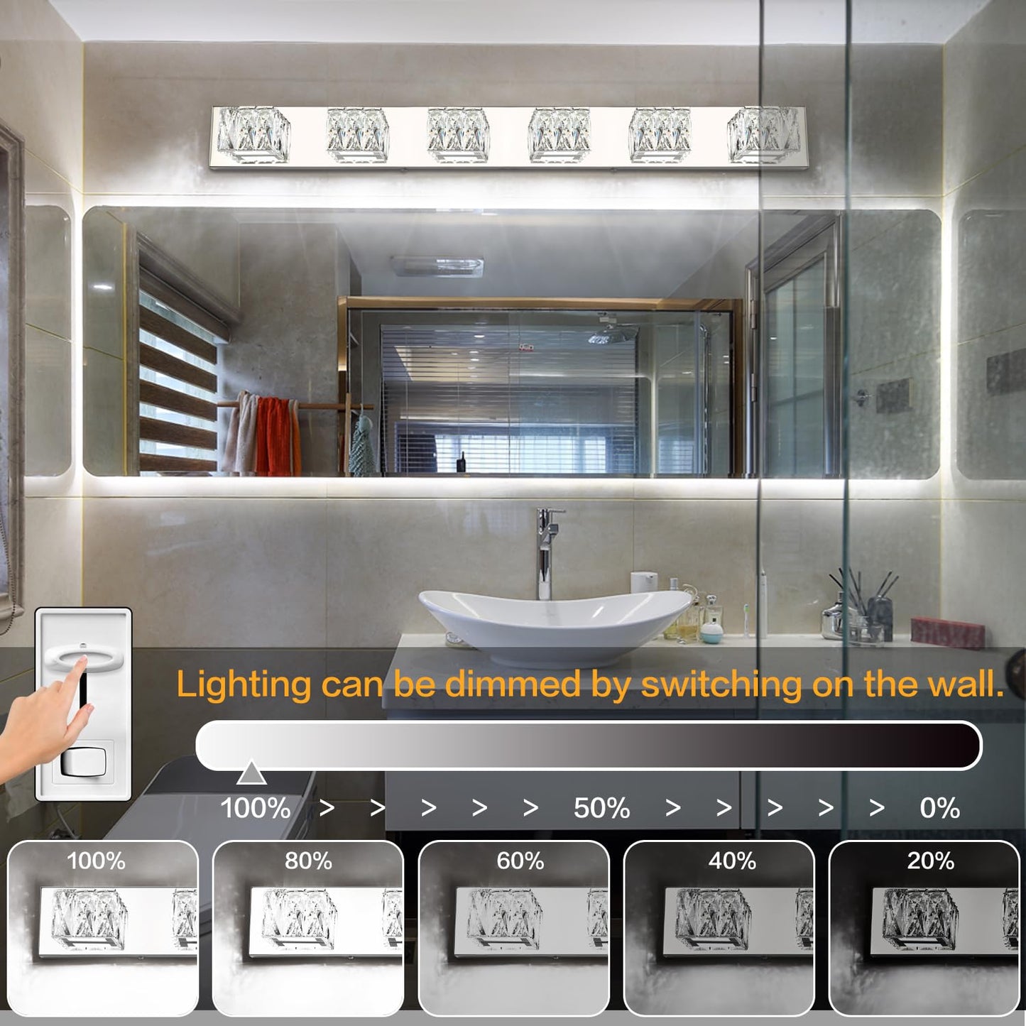 ZUZITO 6 Lights Bathroom Vanity Light - LED Bathroom Lights Over Mirror 5CCT Dimmable - Modern Crystal Chrome Vanity Wall Light