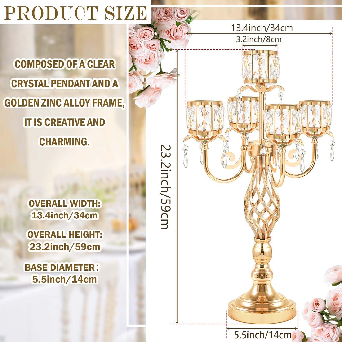 23.2 inch Tall Elegant and Chic 5 Arm Pendant Crystal Candlestick Holder Table Decoration tealight Candle Holder, Candelabra for Gorgeous Wedding/Parties Table Centerpiece (1, Gold)