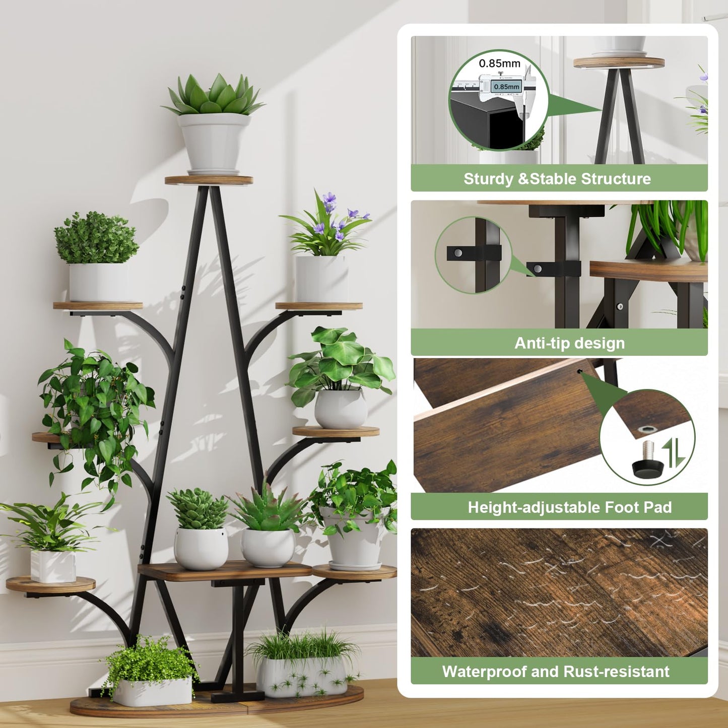 Plant Stand Indoor with Grow Lights - 51" Tall Christmas Tree-Shaped Corner Plant Shelf, 9 Tiered Metal Plant Rack with Adjustable Brightness & Timer, Sturdy Display Stand for Plants, Balcony Decor (Black)