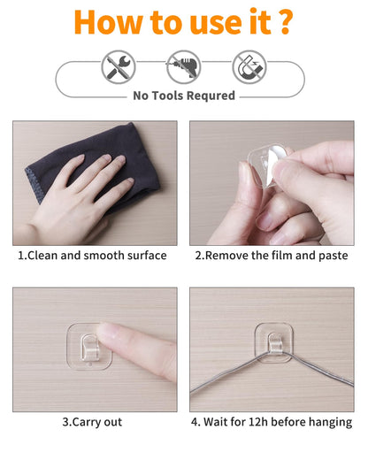 ispneay 100 Mini Light Hooks with Adhesive Strips: Indoor Clear Small String Light Clips Damage Free - Plastic Wall Hook for Hanging - Fairy Tiny Light Cable Hangers Clip Christmas Decoration Decor