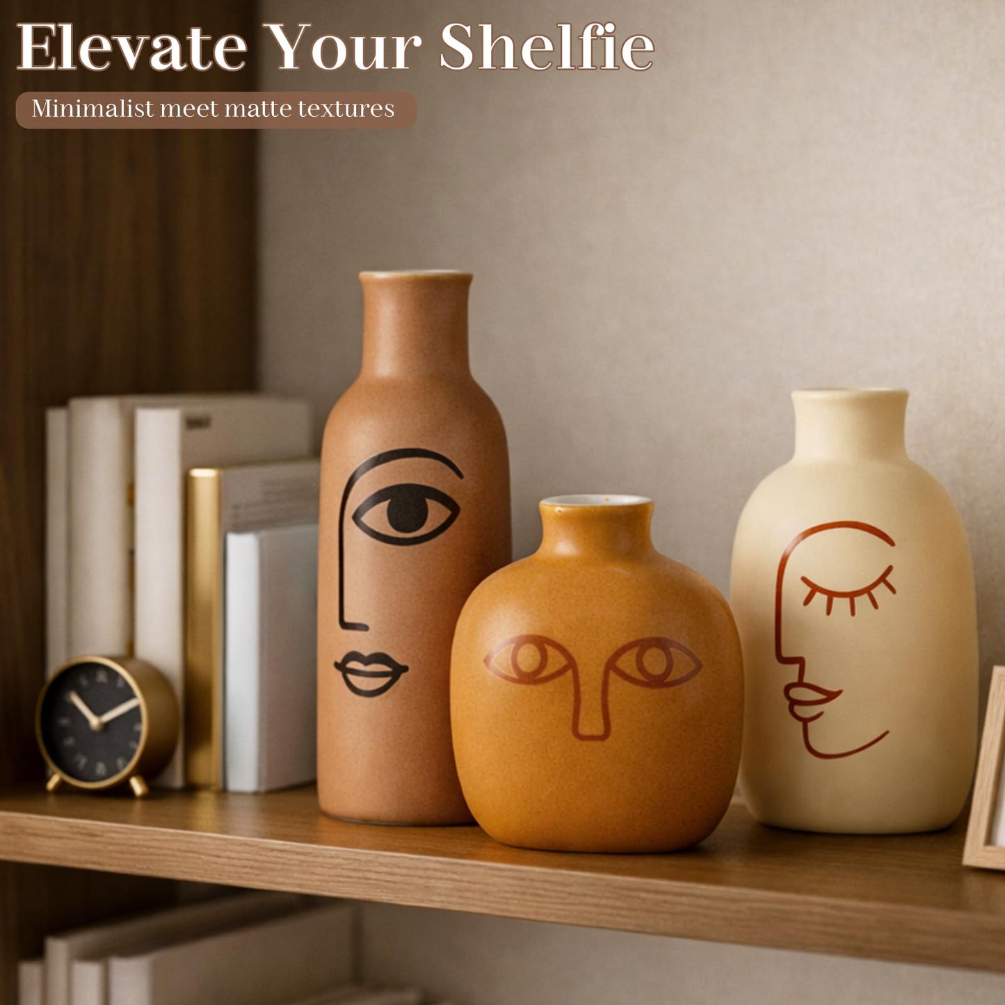 Abstract Face Ceramic Vases Set of 3, Modern Boho Matte Ceramic Vase Set for Home Decor, Rustic Farmhouse Decorative Flower Vases for Shelf, Coffee Table, Mantel and Entryway
