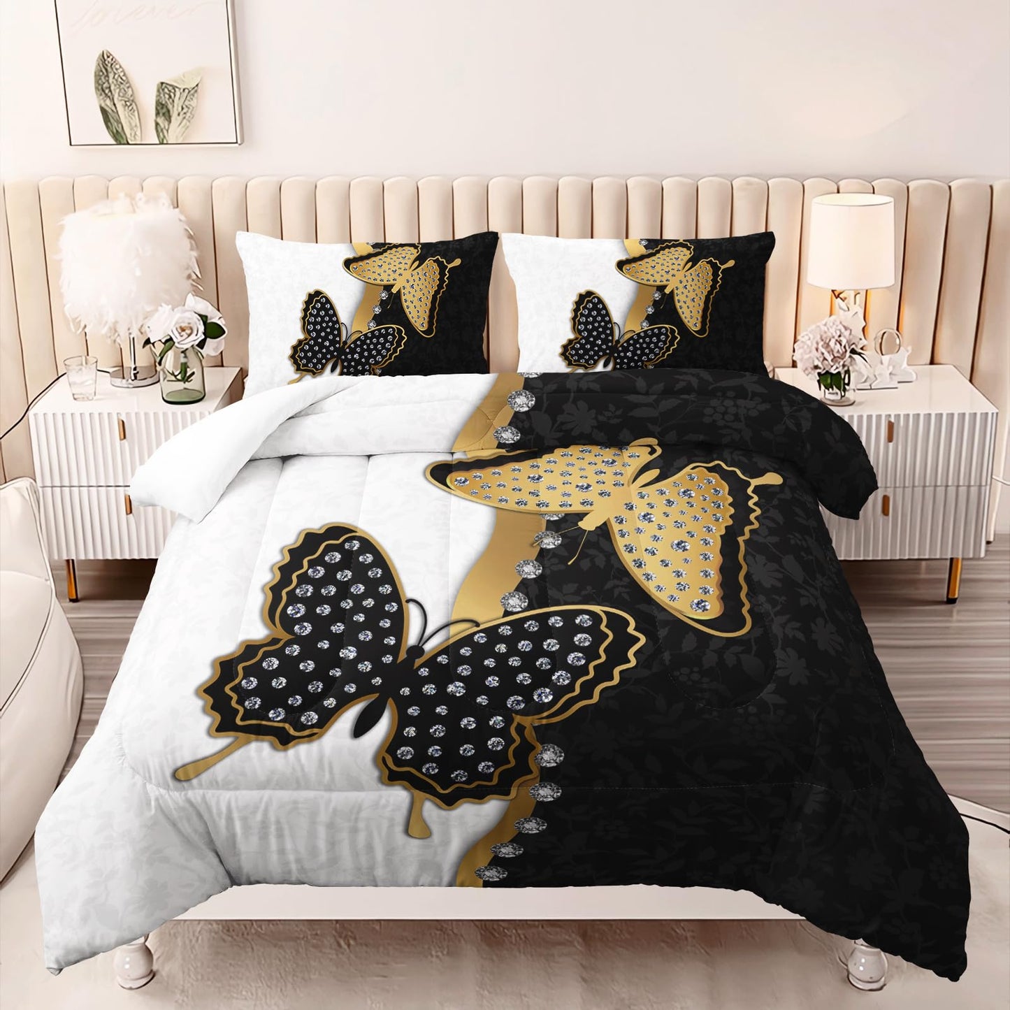 AILONEN Butterfly Comforter Set Full Size, Black Gold Butterfly Diamonds Pattern Bedding Set for Girls Adults,Luxury Black White Soft Lightweight Duvet Set 3 Pieces(1 Comforter + 2 Pillowcases)