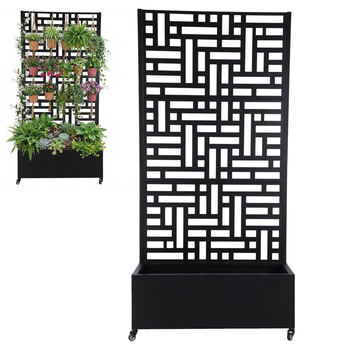 ALINUOYQ 70.87x35.43x15.75 Inch Metal Planter Box with Trellis and Wheels Raised Garden Bed with Drainage Holes Privacy Planters Suitable for Climbing Plants and Vegetables (02)