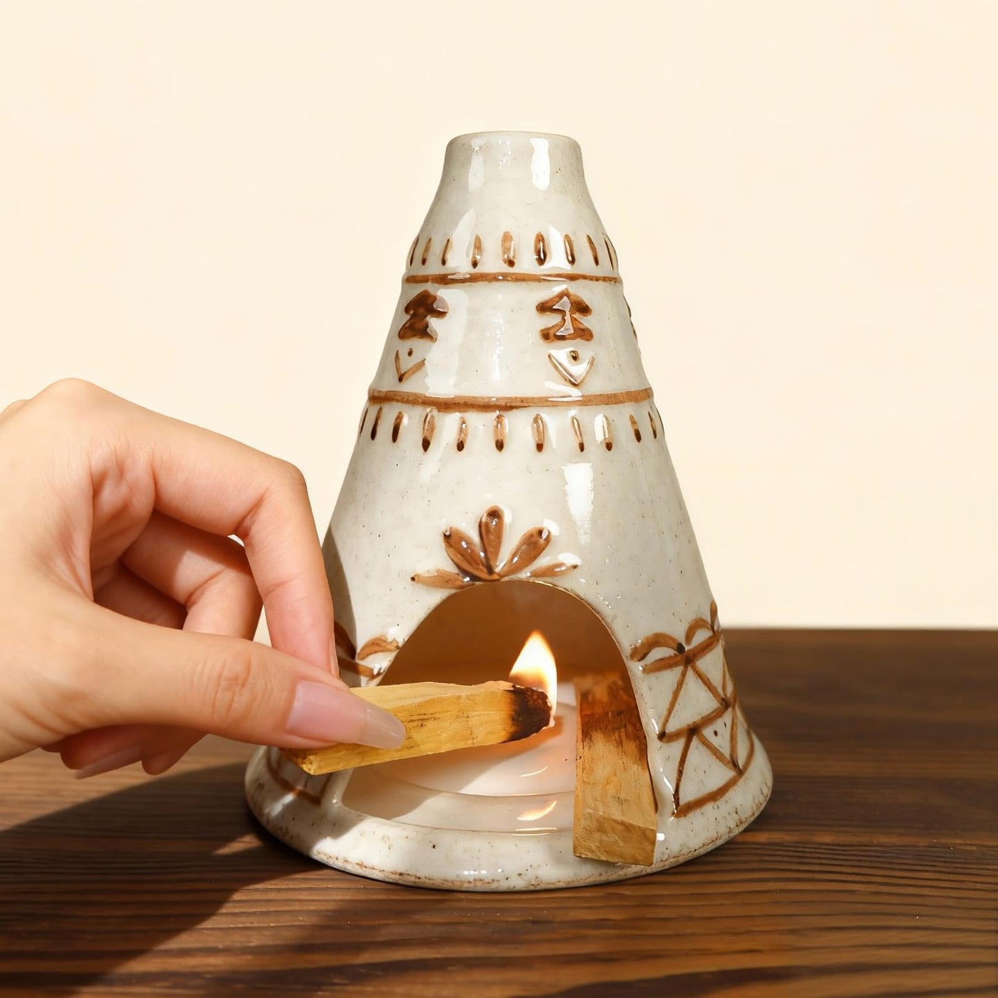 MOUGIGI Handcrafted Palo Santo Holder Ceramic Chimney Incense Burner - Tent Shape - Safe for Palo Santo Sticks Sage & Incense Cones for Meditation Yoga Zen Altar Aromatherapy - Thoughtful Gift Idea