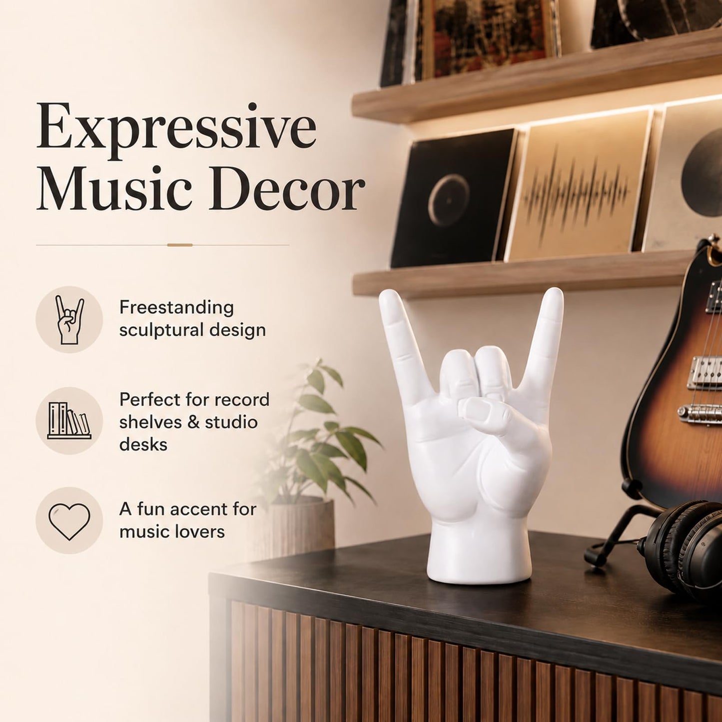 XIYOUQI Rock Hand Statue, Rock On Hand Gesture Sculpture, White Resin Hand Sign Decor for Music Lovers, Modern Tabletop Sculpture for Desk Bookshelf Mantel Man Cave Office Decor