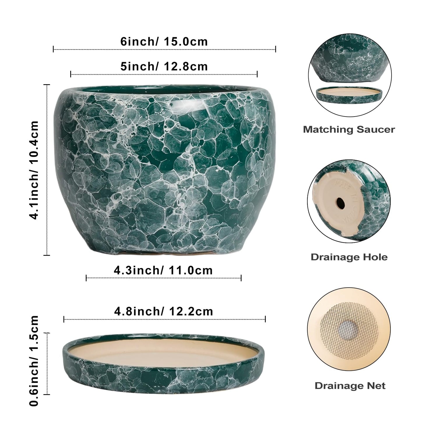 SQOWL Ceramic Pot for Plants - 6 Inch Ceramic Planter with Drainage Hole and Saucer, Round Flower Pot for Indoor Outdoor, Decorative Small Planter, Room Home Decor, Plant Lover Gifts, Green