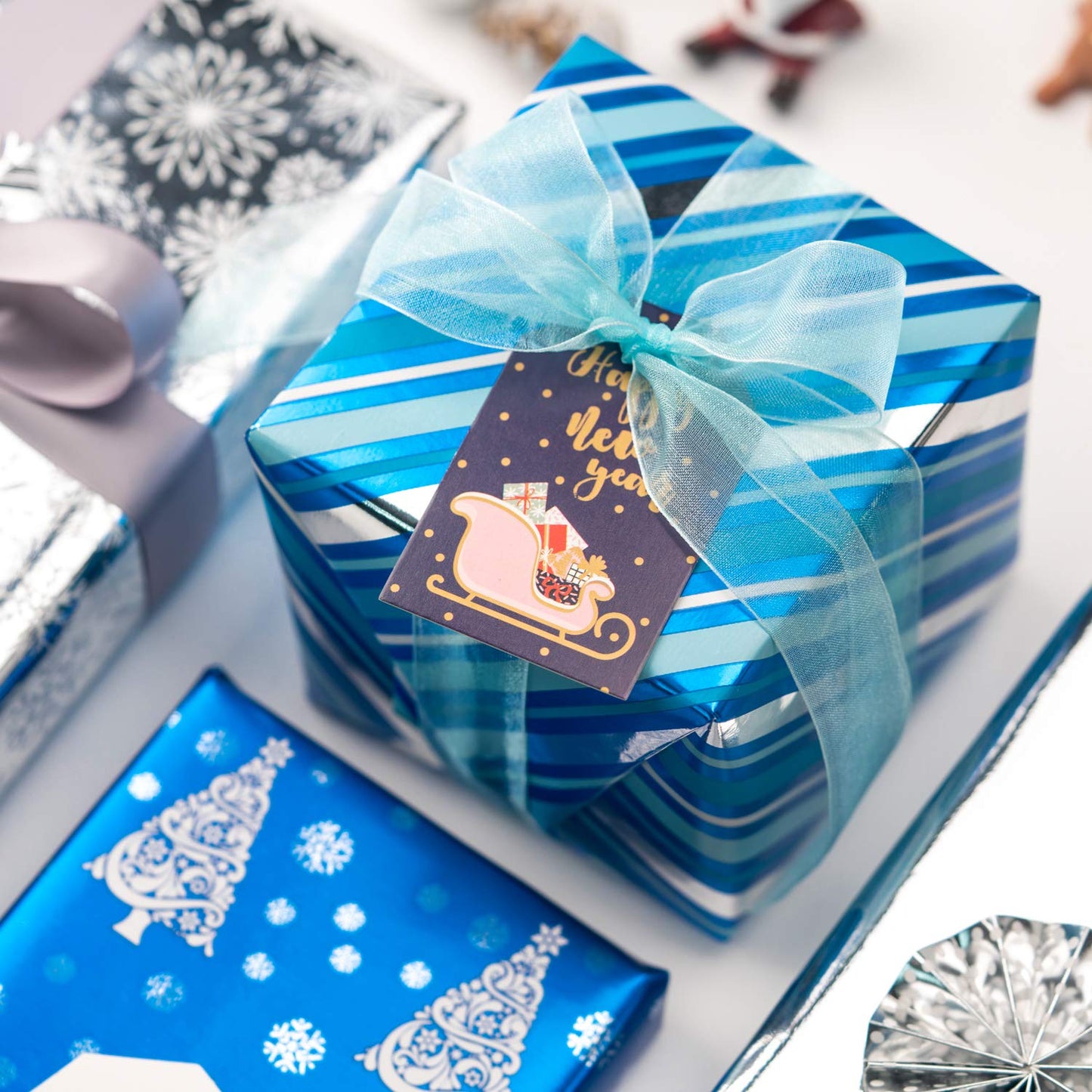 WRAPAHOLIC 30 Inch Christmas Wrapping Paper Roll - Jumbo Roll Blue and Silver Snowflake and Stripe Set with Metallic Foil Shine - 4 Rolls - 30 Inch x 120 Inch Per Roll