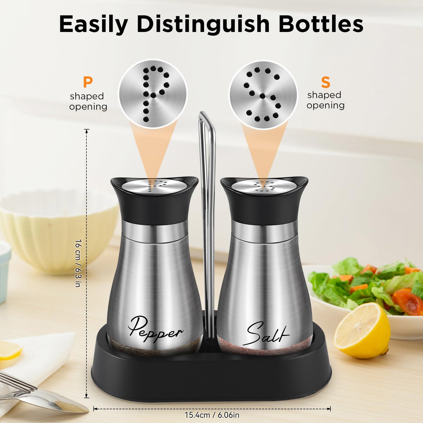 Salt and Pepper Shakers Set, 4 oz Stainless Steel Salt Shaker, Farmhouse Salt Pepper Shaker Containers with Glass Bottom for Kitchen Gadgets Cooking Table, BBQ, Bar, RV, Camp (Silver)