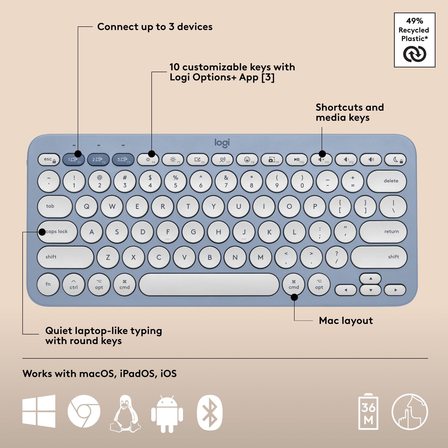 Logitech Pebble Keys 2 K380s, Multi-Device Bluetooth Wireless Keyboard with Customizable Shortcuts, Slim and Portable, Easy-Switch for Windows, macOS, iPadOS, Android, Chrome OS - Tonal Graphite