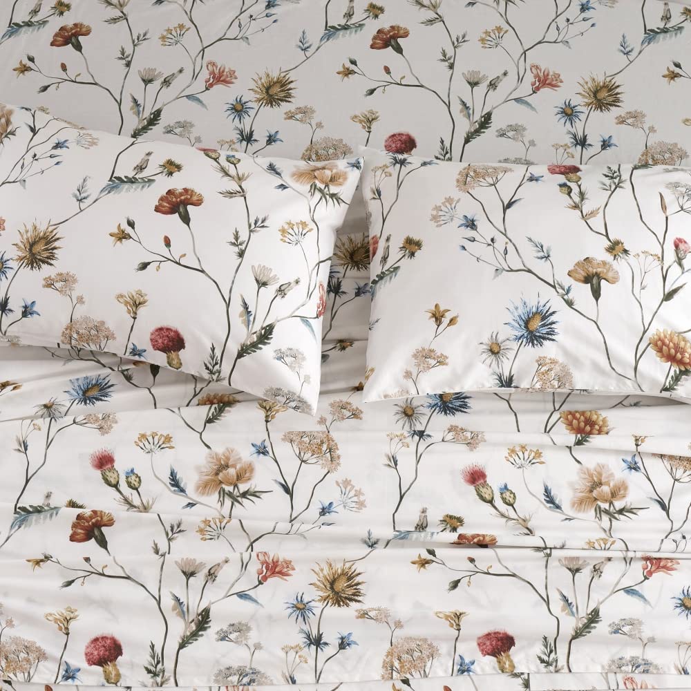 DAUAOTO 100% Cotton Bedding Printed Sheets Set for Full Size Bed Up to 14" Deep Mattress, Floral Botanical Pattern Bedlinen Sets