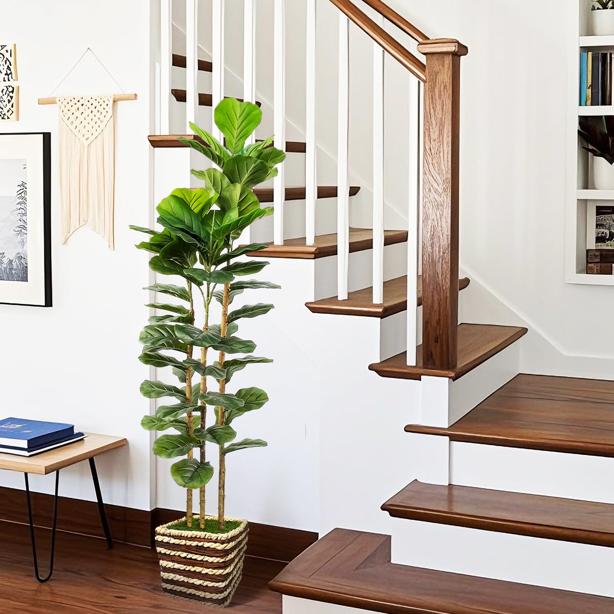 Artificial Fiddle Leaf Fig Tree Indoor with Woven Basket - 5ft Tall Fake Tree with Real-Wood Trunk,Faux Plants for Living Rooms, Offices, Kitchens & Outdoor Spaces (Square Basket)