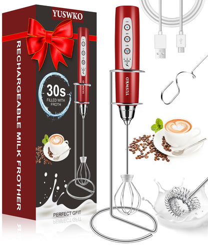 YUSWKO Black Handheld Milk Frother Wand for Coffee, Rechargeable Electric Whisk with 3 Heads 3 Speeds Drink Mixer Coffee Frother For Latte, Cappuccino, Hot Chocolate, Egg
