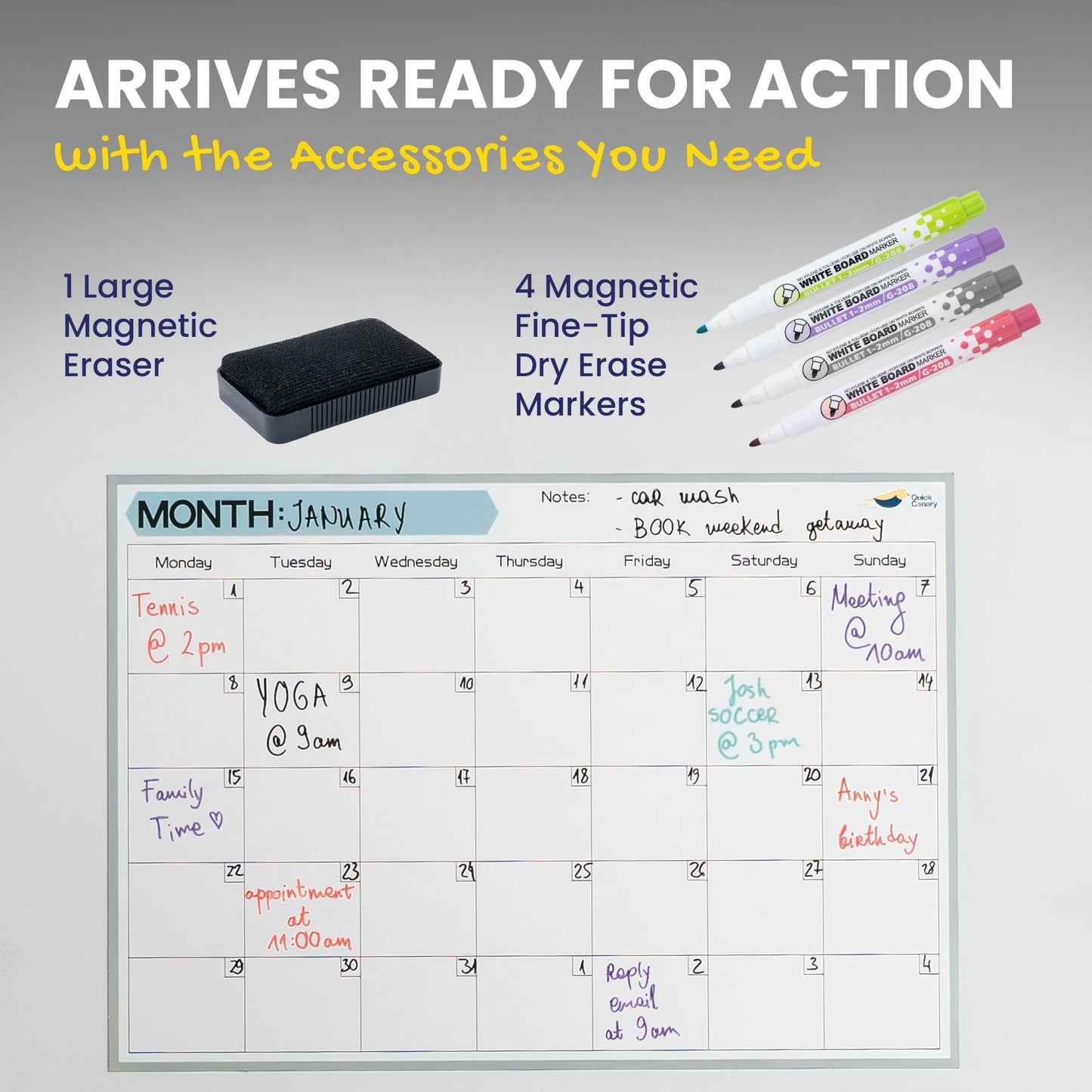 Monthly Magnetic Calendar for Refrigerator - 17x12” Dry Erase Fridge Calendar Magnet - Starts Monday, Organizes 2025 Schedules, Chores, Meals, More - Whiteboard with 4 Markers & Eraser by Quick Canary