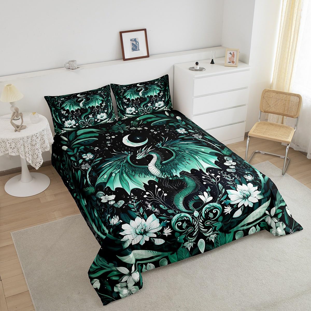 Feelyou Kids Dragon Comforter Set Queen Size, Green Dragon Bedding Set for Kids Boys Girls Boho Duvet Insert Room Decor 3Pcs