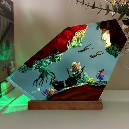 Octopus Ocean Resin Lamp - Handmade Resin Night Light with USB Port, Variable Lights, Octopus Gifts and Decor, Ocean Enthusiast Collectibles, Unique Birthday Gifts for Father Him Her (6"x4")