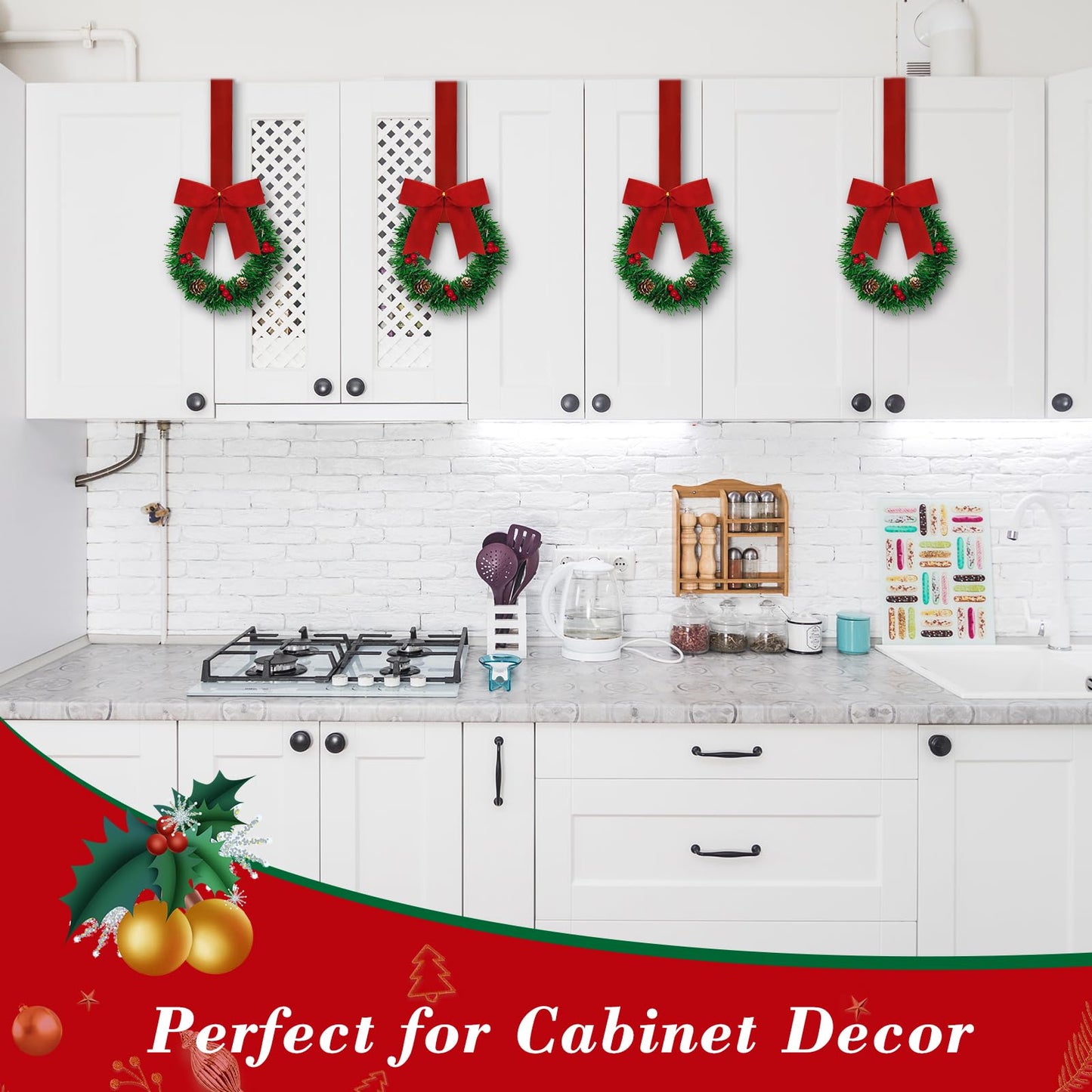 10 Pcs 6" Small Christmas Kitchen Cabinet Wreaths with Ribbon Mini Kitchen Cabinet Christmas Decor for Window Door (Velvet Red)