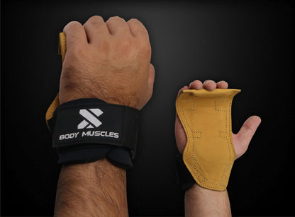 BODY MUSCLES Leather Weightlifting Grips - Double Layer Leather Weight Lifting Grips for Powerlifting - Neoprene Padded Weight Lifting wrist Straps Gym with Metal Hooks - Deadlift Straps