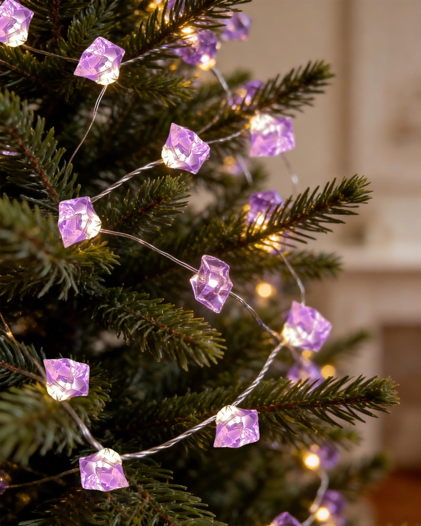 Myhimx Amethyst Crystal String Lights Battery Operated 17Ft 50 LED Purple String Lights with Timer, Fairy Decorative Light for Bedroom Indoor Garden Patio Wedding Party Fireplace Christmas Decor
