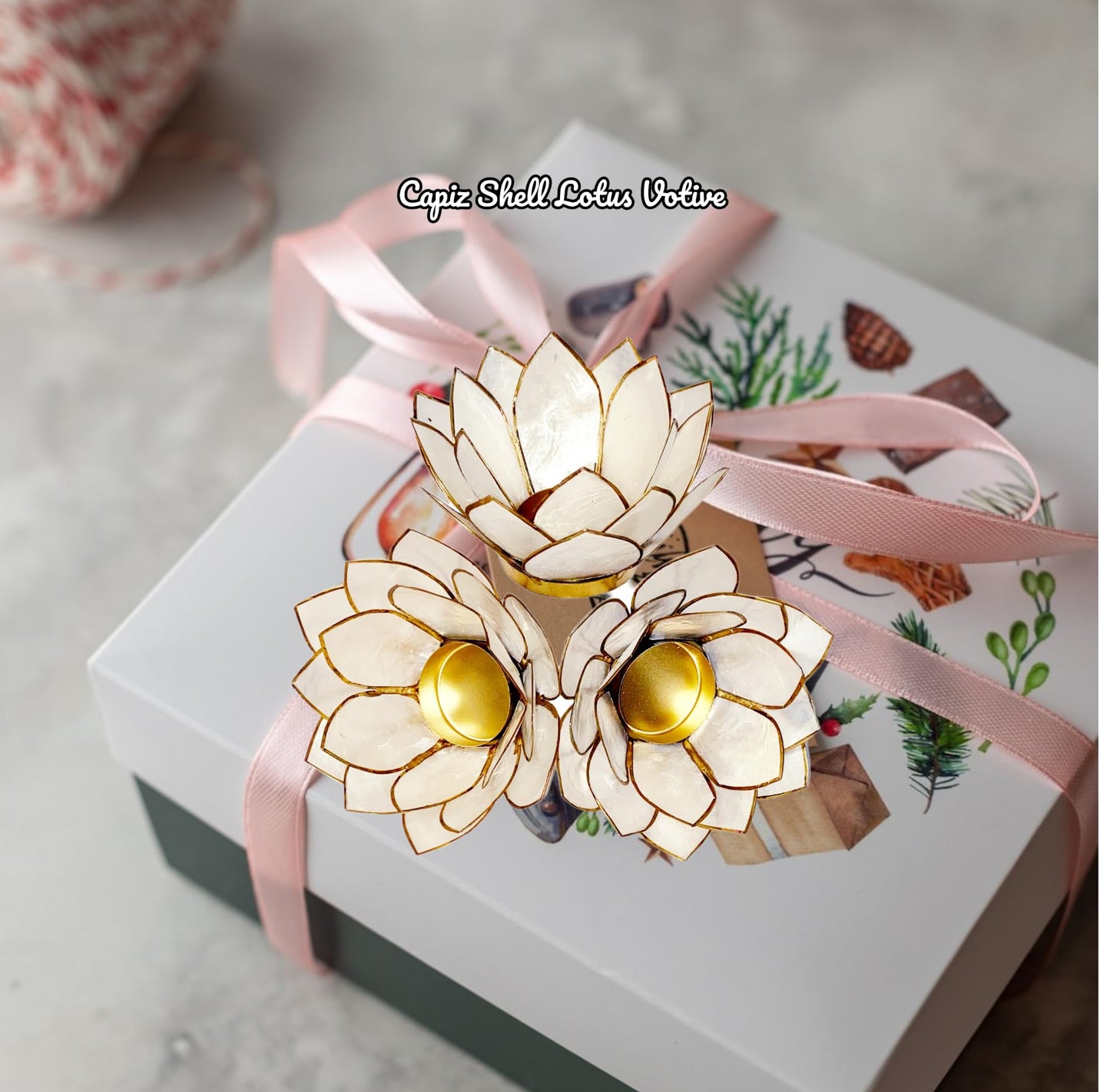 Contrast Natural White Capiz Shell Opening Lotus Flower Bulb Tealight Candle Holder, Tan, One Size