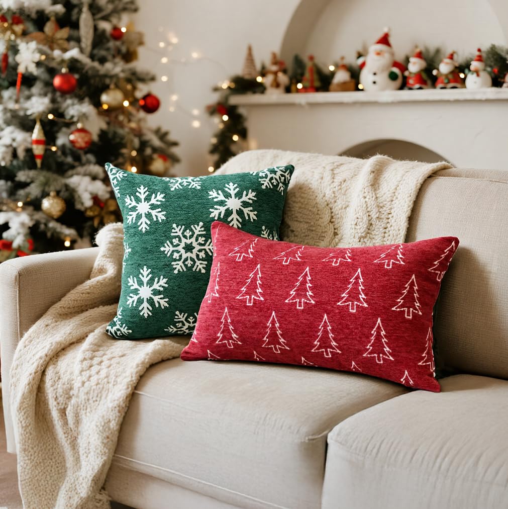 Auomily Soft Chenille Christmas Pillow Covers 18x18 Set of 2, Reversible Snowflake & Tree Pattern, Thick & Cozy Farmhouse Holiday Cushion Cases with Hidden Zipper for Sofa Couch Bed(Green,18x18)