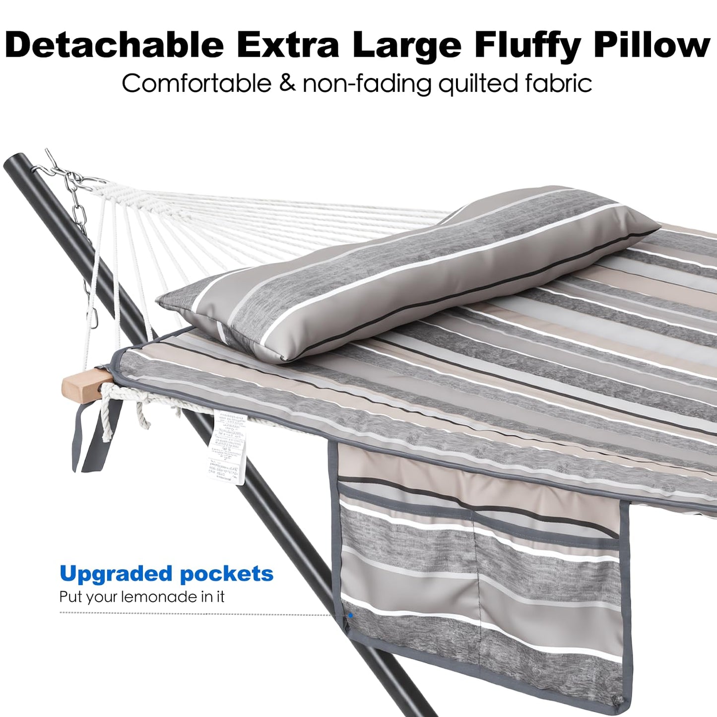 GAFETE 2 Person Hammock with Stand for Outside, 52inch Double Cotton Rope Hammock with Polyester Pad, Heavy Duty Steel Stand, Large Removable Pillow, Storage Bags, Max 475 lbs Capacity (Dove with Pad)