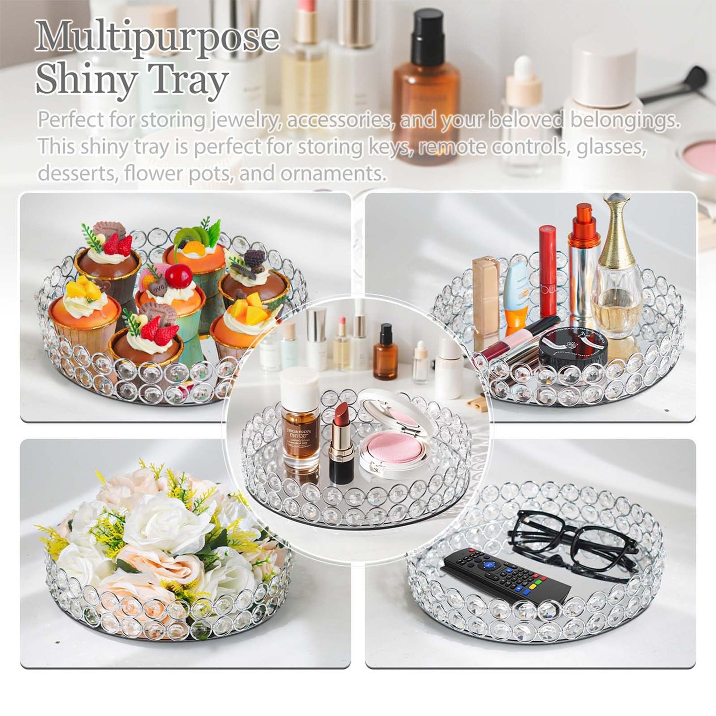 KEHAIL 2 Pcs Silver 10" Round Metal Mirror Crystal Tray – Vanity Tray for Makeup, Perfume, Jewelry & Dessert Display, Elegant Decorative Serveware, Christmas & Birthday Gift