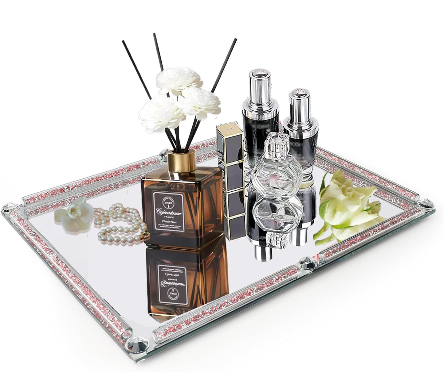 Large Crystal Serving Tray, 15.7" x 11.8" Crushed Diamond Mirror Perfume Rectangular Makeup Display Tray, Crystal Makeup Organizer for Bathroom, Home Decor, Cosmetics, Dresser(Rose Red)