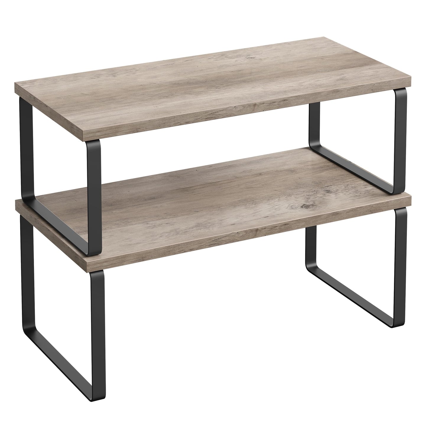 SONGMICS Cabinet Organizer Shelf, Set of 2 Kitchen Counter Shelves, Kitchen Storage, Spice Rack, Stackable, Expandable, Metal and Engineered Wood, Ink Black and Natural Beige UKCS02NB