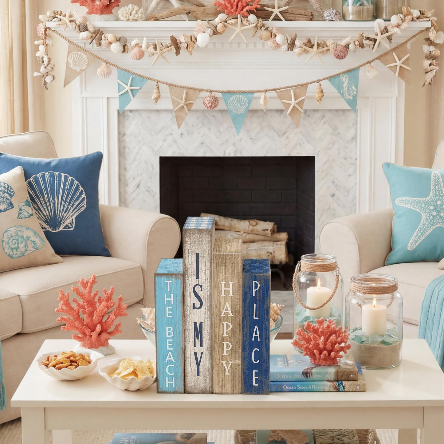 Lineshading 4 Pcs Summer Table Decoration Wooden Book Coastal Beach Decoration Blue and White Summer Tiered Tray Decor Wood Book Signs Farmhouse for Ocean Party Home Shelf Coffee Table