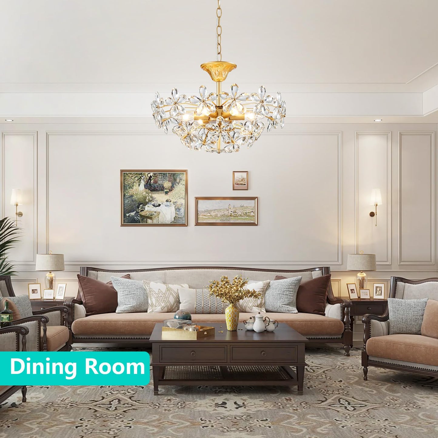 GlowEasely K9 Crystal Flower Chandelier for Dining Room, Living Room, Bedroom, Hallway, Kids Room, Foyer, Gold, Mayflower 6-Light Modern Pendant Chandelier, E12 Socket, D18.3 * H16~41inch (Adjustable)