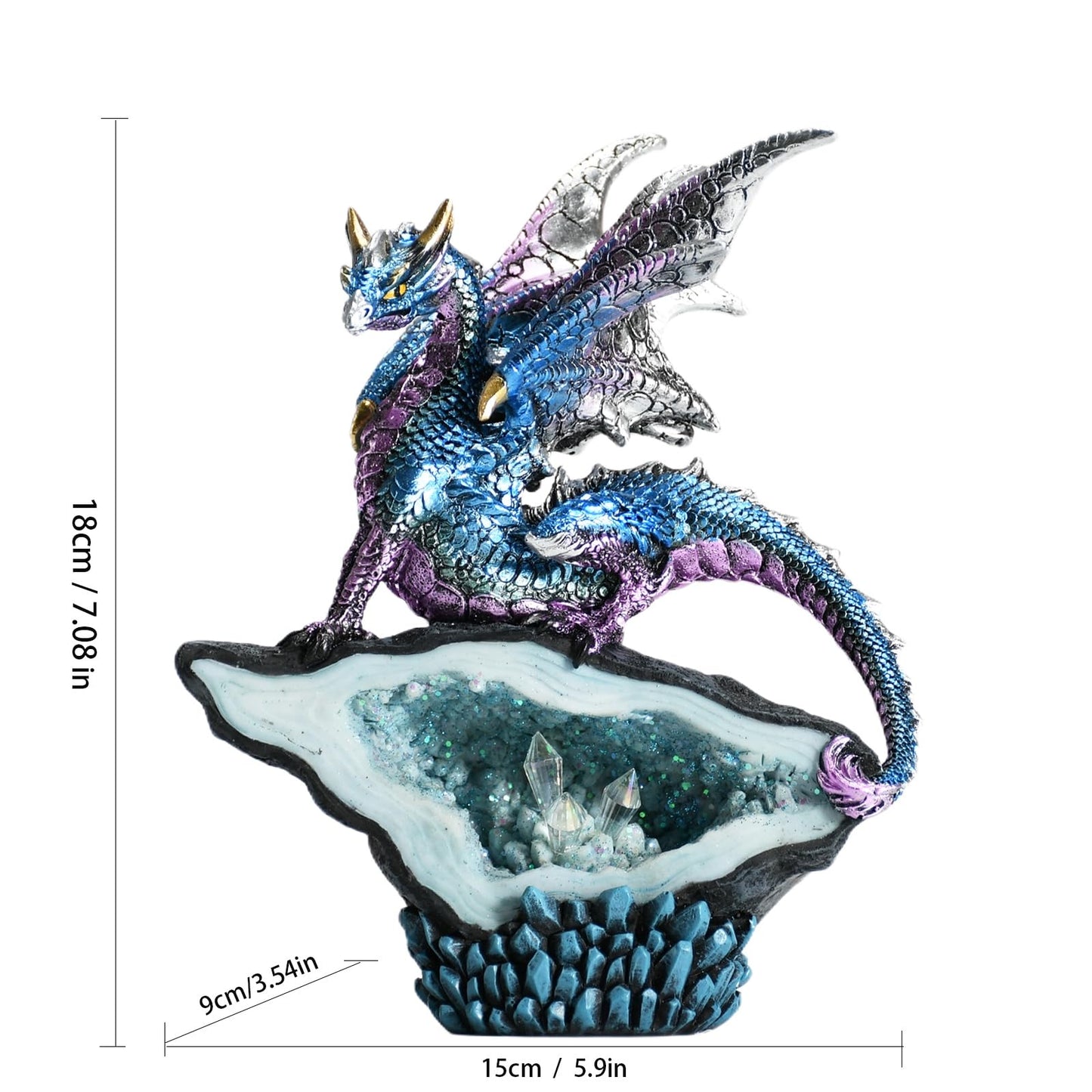 KalyZ@rts Mystic Dragon Crystal Cave Statue, Handcrafted Resin Art Sculpture with Geode, D&D Decor, Fantasy Gifts, Perfect Fantasy Decor for Desk/Home/Office & Unique Gift （Blue Dragon